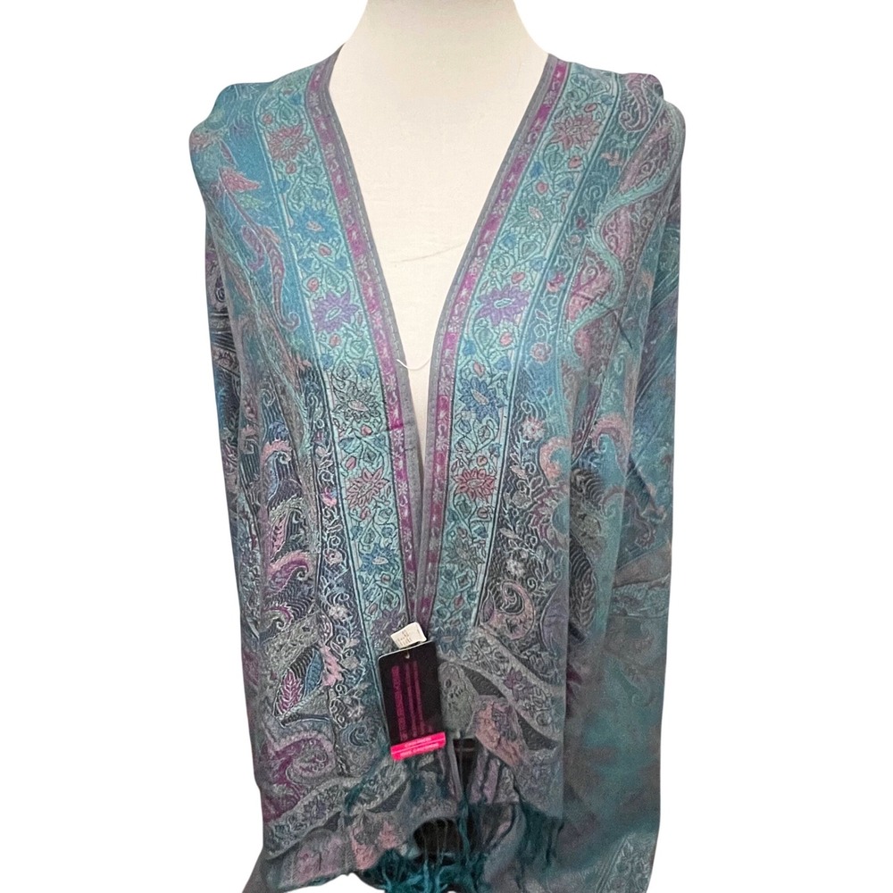 Women's Luxurious 100% Cashmere Paisley Shawl‎ Scarf Teal Purple Fringe Bohemian